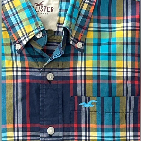 Hollister Long Sleeve Plaid Button Down Shirt Teal Seagull Logo Pocket Size XL - Picture 6 of 11